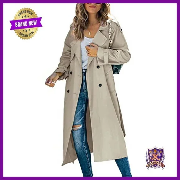 Women's Double Breasted Long Trench Coat Windproof Slim Fit Overcoat